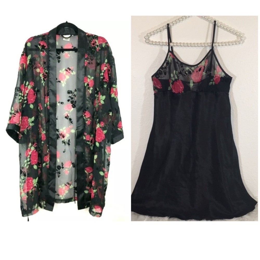 Secret Treasures 2 Piece Set Sheer Floral Robe Velvet Detail